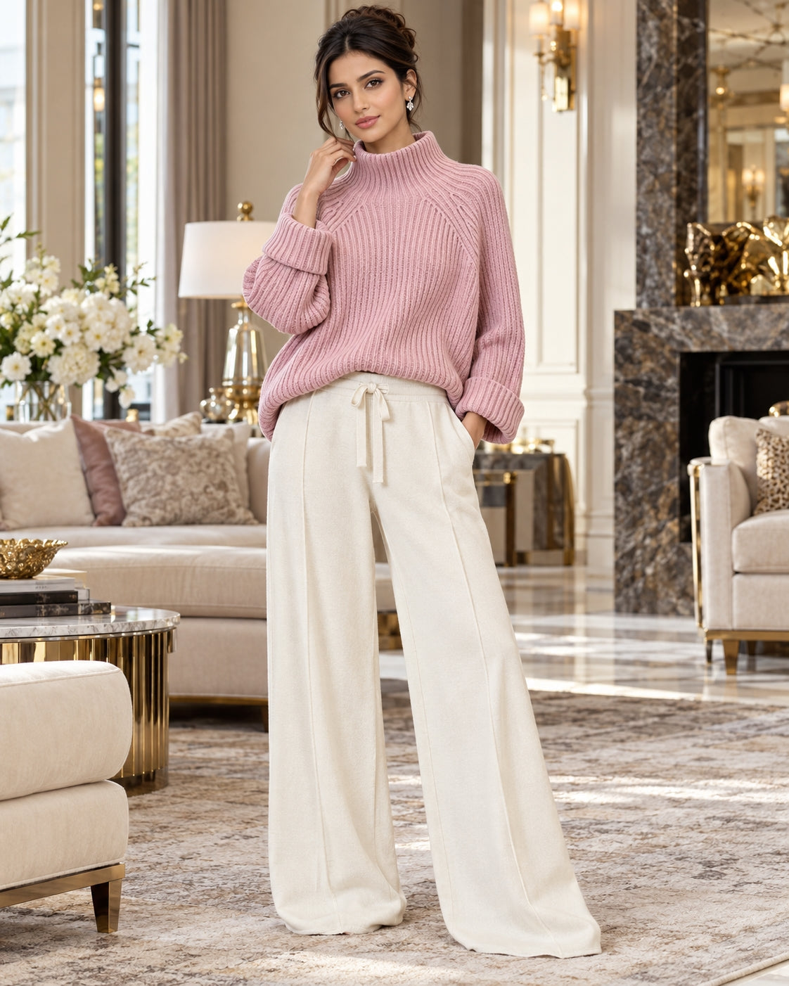 Women Chic Casual Half High Collar Sweater Wide Leg Pants Sets Lady Loose Knit Pullover Trousers Outfits Knitwear Natalia Home Fashion    Natalia Home Fashion