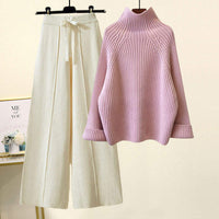 Women Chic Casual Half High Collar Sweater Wide Leg Pants Sets Lady Loose Knit Pullover Trousers Outfits Knitwear Natalia Home Fashion    Natalia Home Fashion