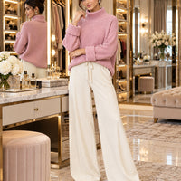 Women Chic Casual Half High Collar Sweater Wide Leg Pants Sets Lady Loose Knit Pullover Trousers Outfits Knitwear Natalia Home Fashion    Natalia Home Fashion