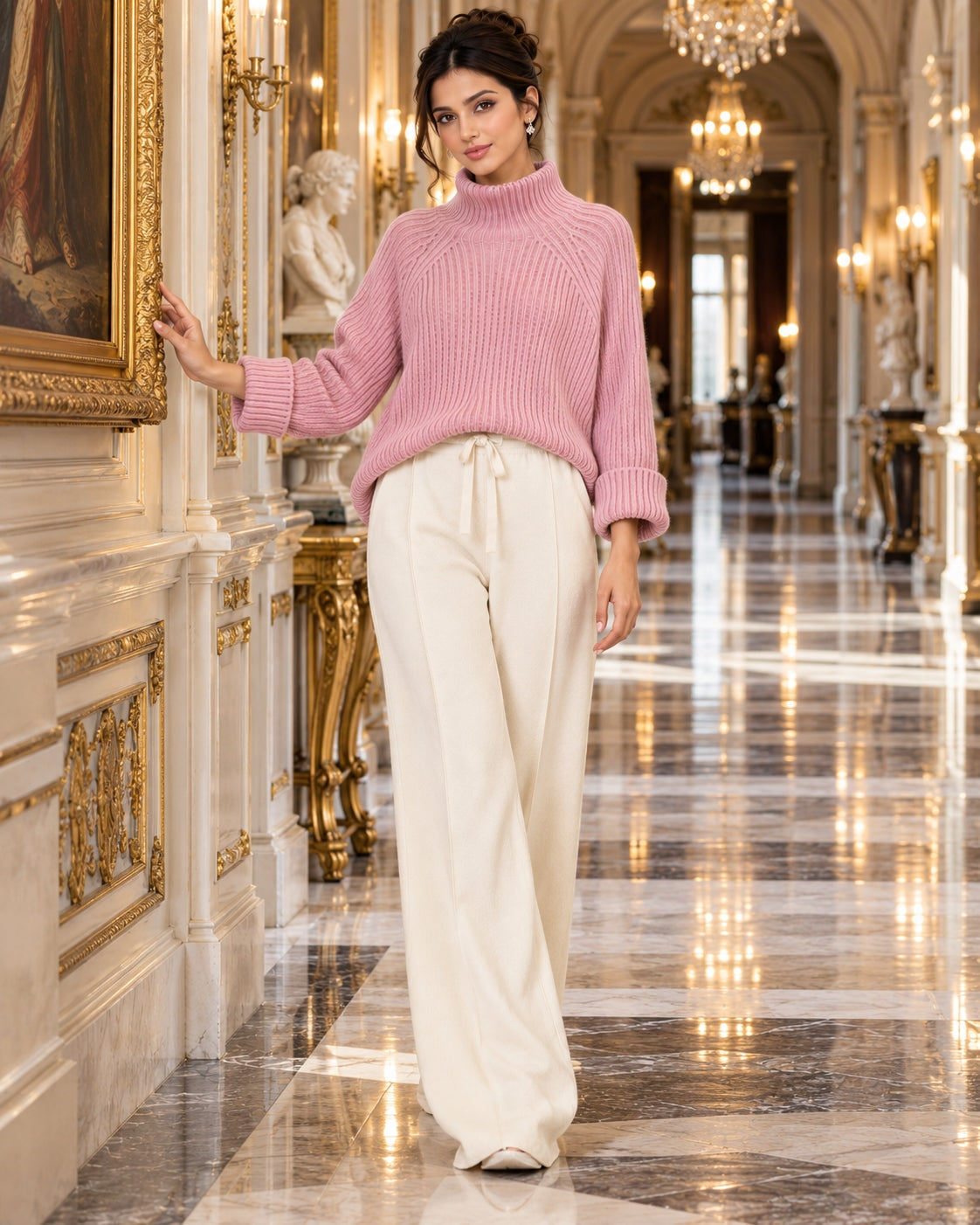 Women Chic Casual Half High Collar Sweater Wide Leg Pants Sets Lady Loose Knit Pullover Trousers Outfits Knitwear Natalia Home Fashion    Natalia Home Fashion