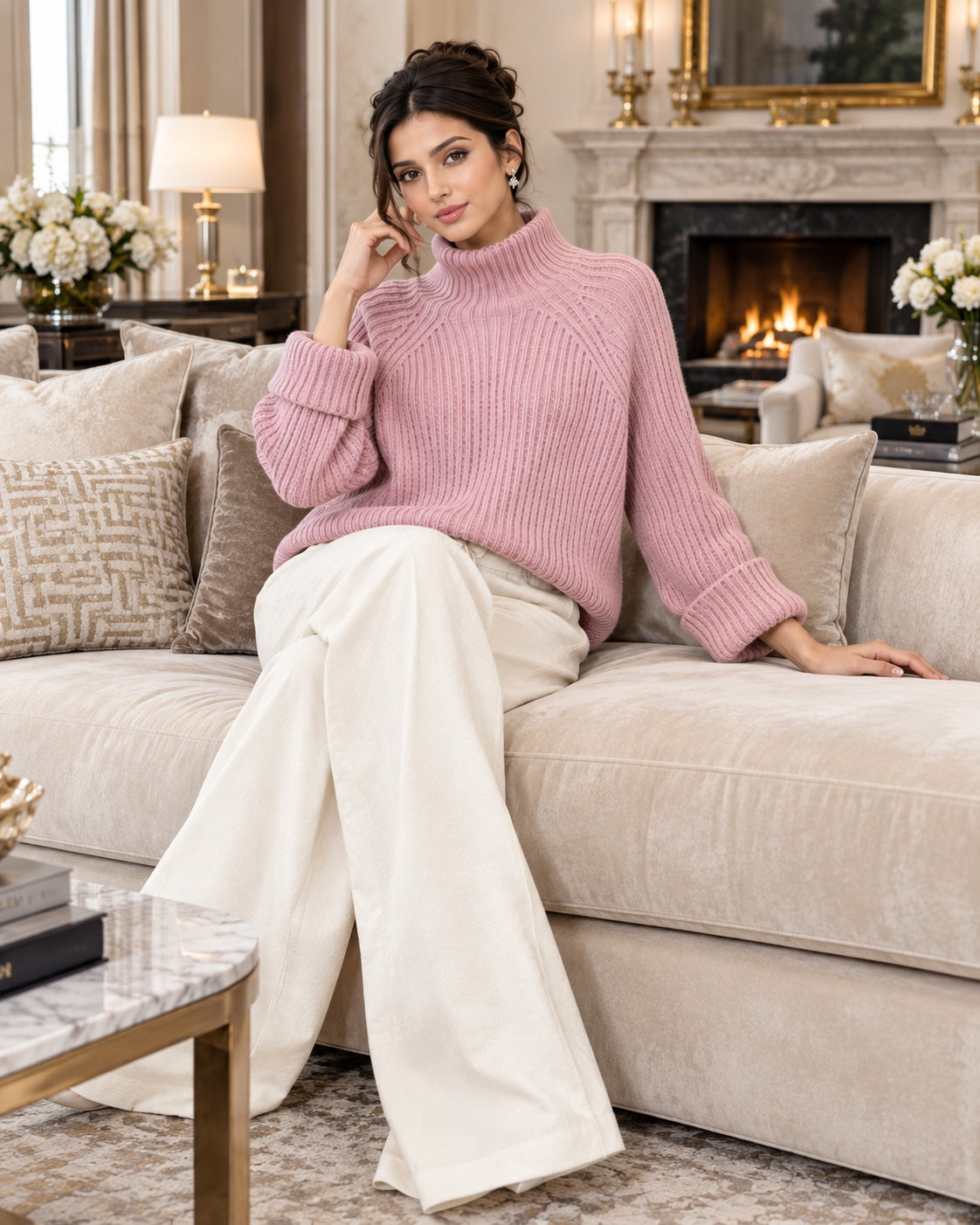 Women Chic Casual Half High Collar Sweater Wide Leg Pants Sets Lady Loose Knit Pullover Trousers Outfits Knitwear Natalia Home Fashion    Natalia Home Fashion