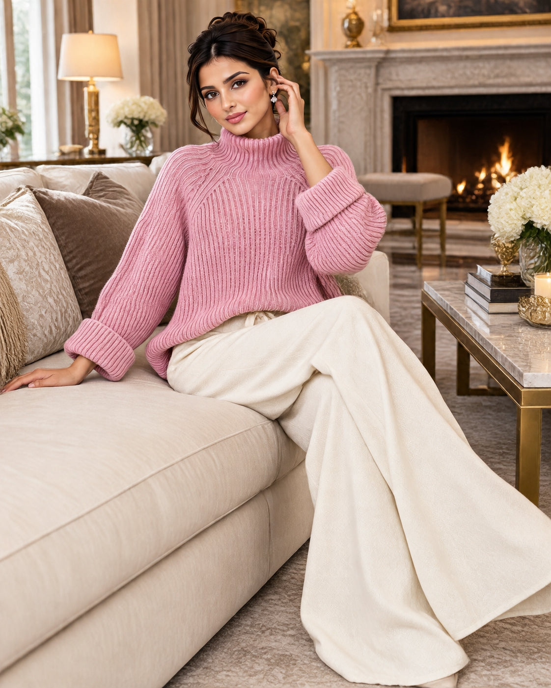Women Chic Casual Half High Collar Sweater Wide Leg Pants Sets Lady Loose Knit Pullover Trousers Outfits Knitwear Natalia Home Fashion    Natalia Home Fashion