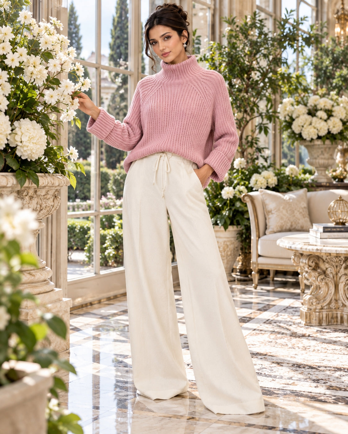 Women Chic Casual Half High Collar Sweater Wide Leg Pants Sets Lady Loose Knit Pullover Trousers Outfits Knitwear Natalia Home Fashion    Natalia Home Fashion