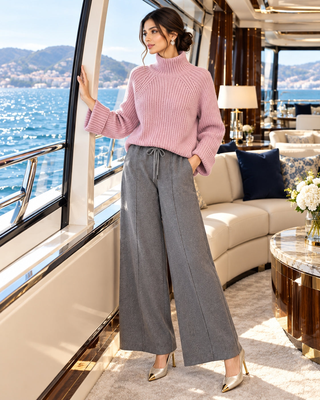 Women Chic Casual Half High Collar Sweater Wide Leg Pants Sets Lady Loose Knit Pullover Trousers Outfits Knitwear Natalia Home Fashion    Natalia Home Fashion