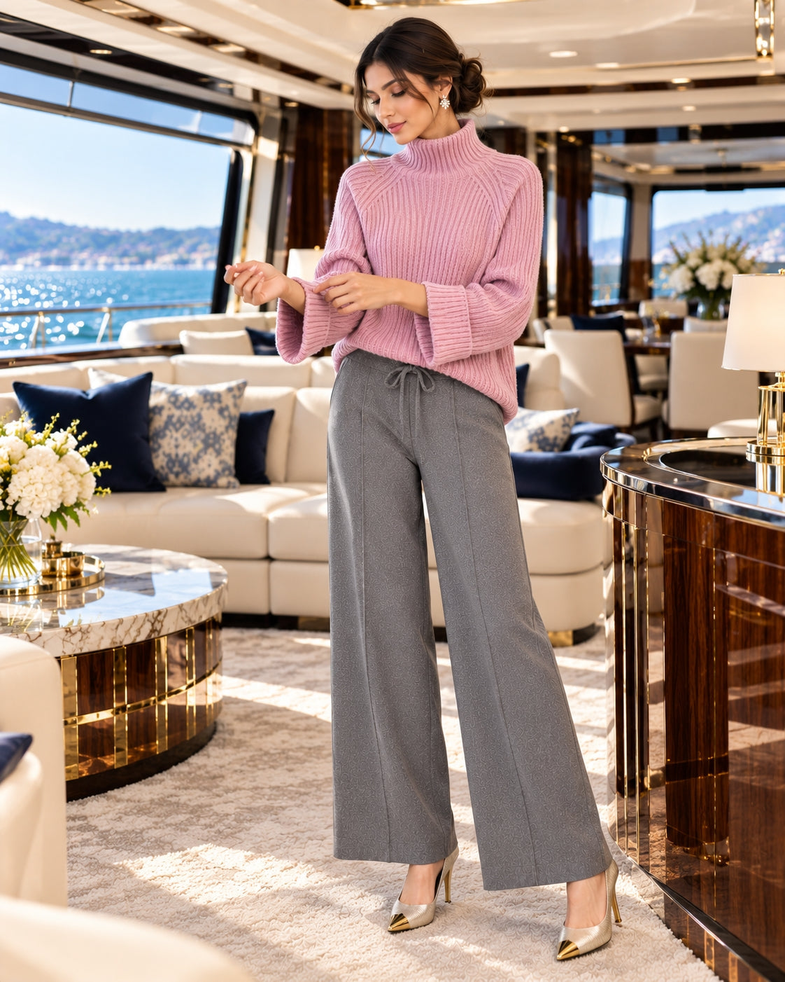 Women Chic Casual Half High Collar Sweater Wide Leg Pants Sets Lady Loose Knit Pullover Trousers Outfits Knitwear Natalia Home Fashion    Natalia Home Fashion