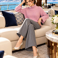 Women Chic Casual Half High Collar Sweater Wide Leg Pants Sets Lady Loose Knit Pullover Trousers Outfits Knitwear Natalia Home Fashion    Natalia Home Fashion