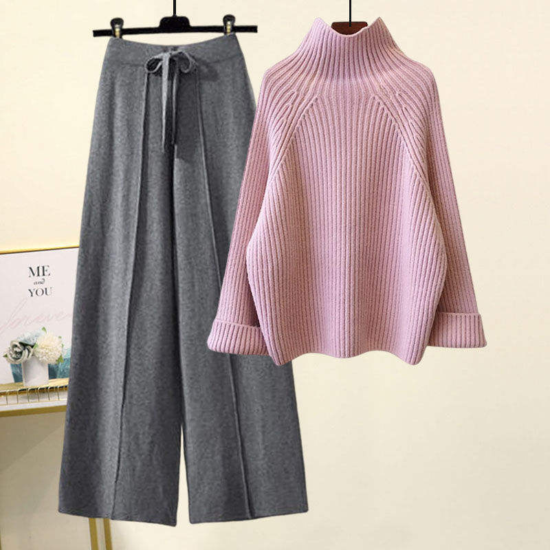 Women Chic Casual Half High Collar Sweater Wide Leg Pants Sets Lady Loose Knit Pullover Trousers Outfits Knitwear Natalia Home Fashion    Natalia Home Fashion
