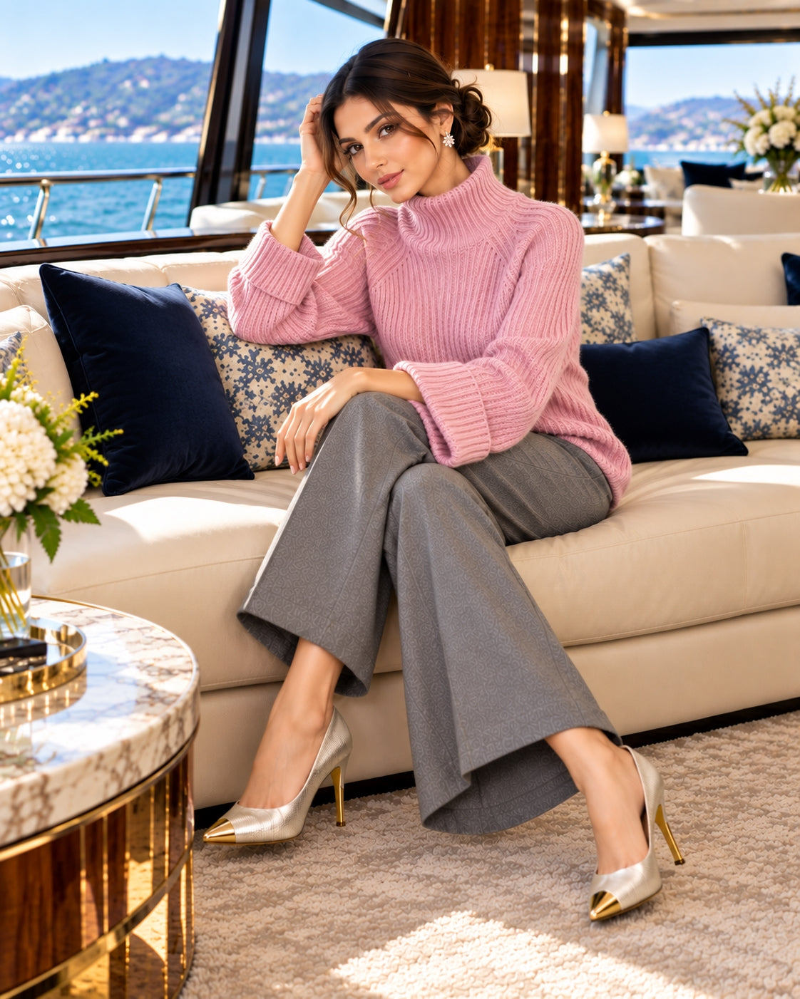 Women Chic Casual Half High Collar Sweater Wide Leg Pants Sets Lady Loose Knit Pullover Trousers Outfits Knitwear Natalia Home Fashion    Natalia Home Fashion