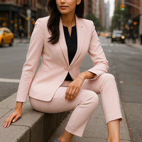 Women's Slim Fit Blazer Suit Fashion Solid Color Single Button Jacket Office Lady Coat and Pants