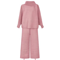 Pleated High Collar Lantern Sleeve Tops Wide Leg Pants Women Spring Causal Two Piece Sets Natalia Home Fashion    Natalia Home Fashion