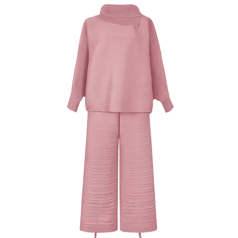 Pleated High Collar Lantern Sleeve Tops Wide Leg Pants Women Spring Causal Two Piece Sets Natalia Home Fashion    Natalia Home Fashion