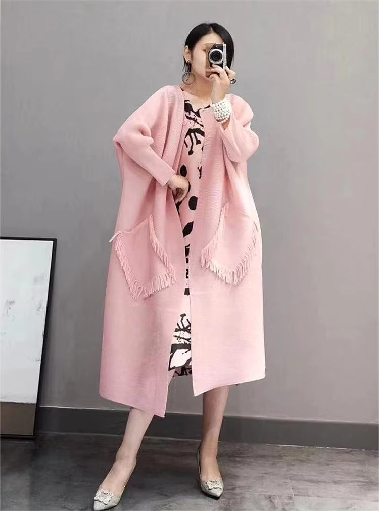 2026 miyake pleated fringe long coat  new over-the-knee pleated mid-length trench coat pressed  cardigan Natalia Home Fashion    Natalia Home Fashion
