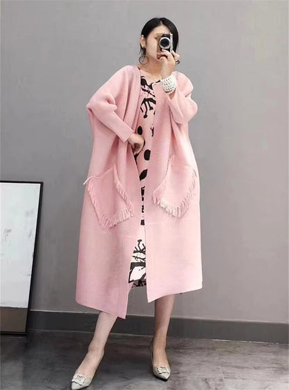 2026 miyake pleated fringe long coat  new over-the-knee pleated mid-length trench coat pressed  cardigan Natalia Home Fashion    Natalia Home Fashion