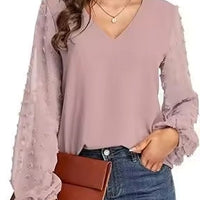 Women Blouses Shirts Lady Casual V-Neck Long Lantern Sleeve Solid Color Blouse Tops Natalia Home Fashion    Natalia Home Fashion