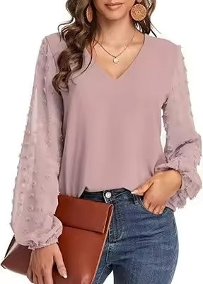 Women Blouses Shirts Lady Casual V-Neck Long Lantern Sleeve Solid Color Blouse Tops Natalia Home Fashion    Natalia Home Fashion