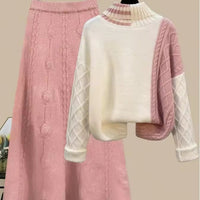 Women's Cable Knit Two Piece Set: High Neck Long Sleeve Sweater & A-Line Midi Skirt, Casual Elegant Pullover Outfit Natalia Home Fashion    Natalia Home Fashion