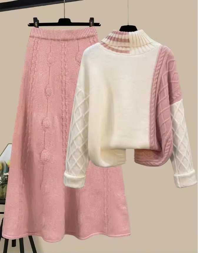 Women's Cable Knit Two Piece Set: High Neck Long Sleeve Sweater & A-Line Midi Skirt, Casual Elegant Pullover Outfit Natalia Home Fashion    Natalia Home Fashion