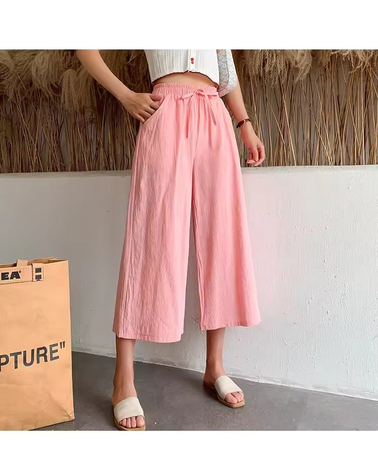 Casual Baggy Wide Leg Trousers Women Summer Thin Comfy Breathable Ankle Length Pants Vintage Loose Cotton Linen Straight Pants