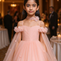 Girls' Off Shoulder Long Cape Dress, Solid Color Mesh Wedding Flower Girl Birthday Party Princess Dress for Young Girl