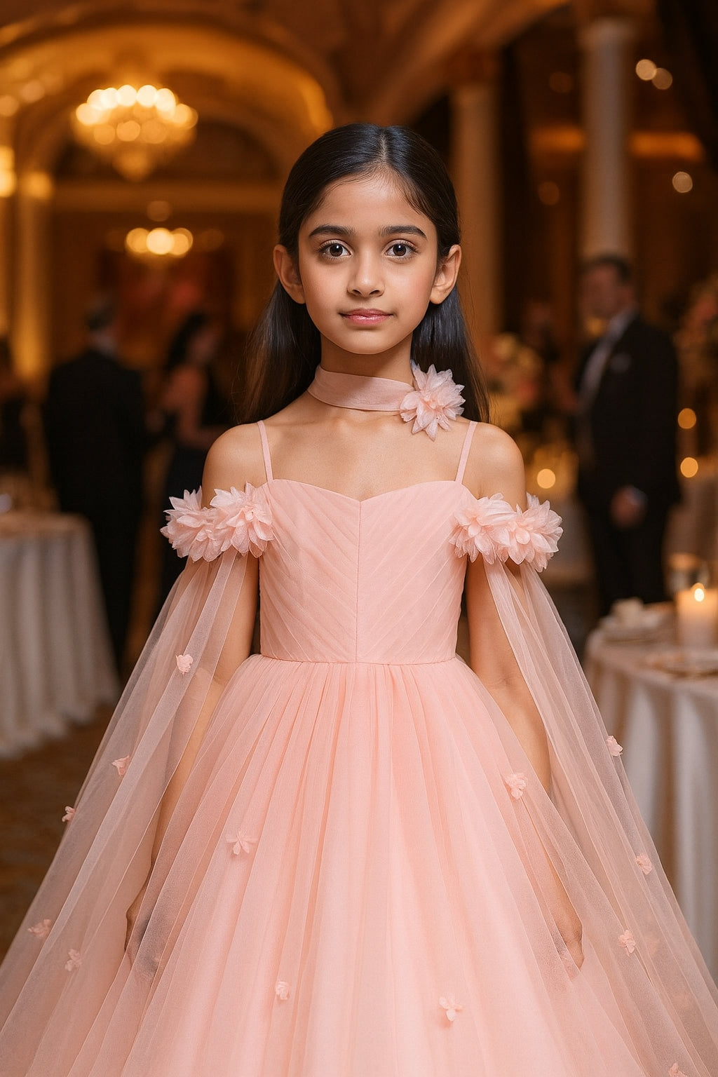 Girls' Off Shoulder Long Cape Dress, Solid Color Mesh Wedding Flower Girl Birthday Party Princess Dress for Young Girl