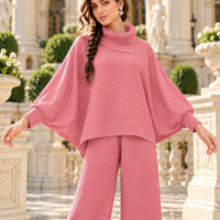 Pleated High Collar Lantern Sleeve Tops Wide Leg Pants Women Spring Causal Two Piece Sets Natalia Home Fashion    Natalia Home Fashion