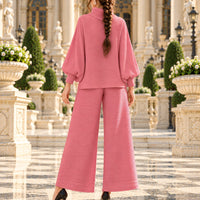 Pleated High Collar Lantern Sleeve Tops Wide Leg Pants Women Spring Causal Two Piece Sets Natalia Home Fashion    Natalia Home Fashion