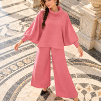 Pleated High Collar Lantern Sleeve Tops Wide Leg Pants Women Spring Causal Two Piece Sets Natalia Home Fashion    Natalia Home Fashion