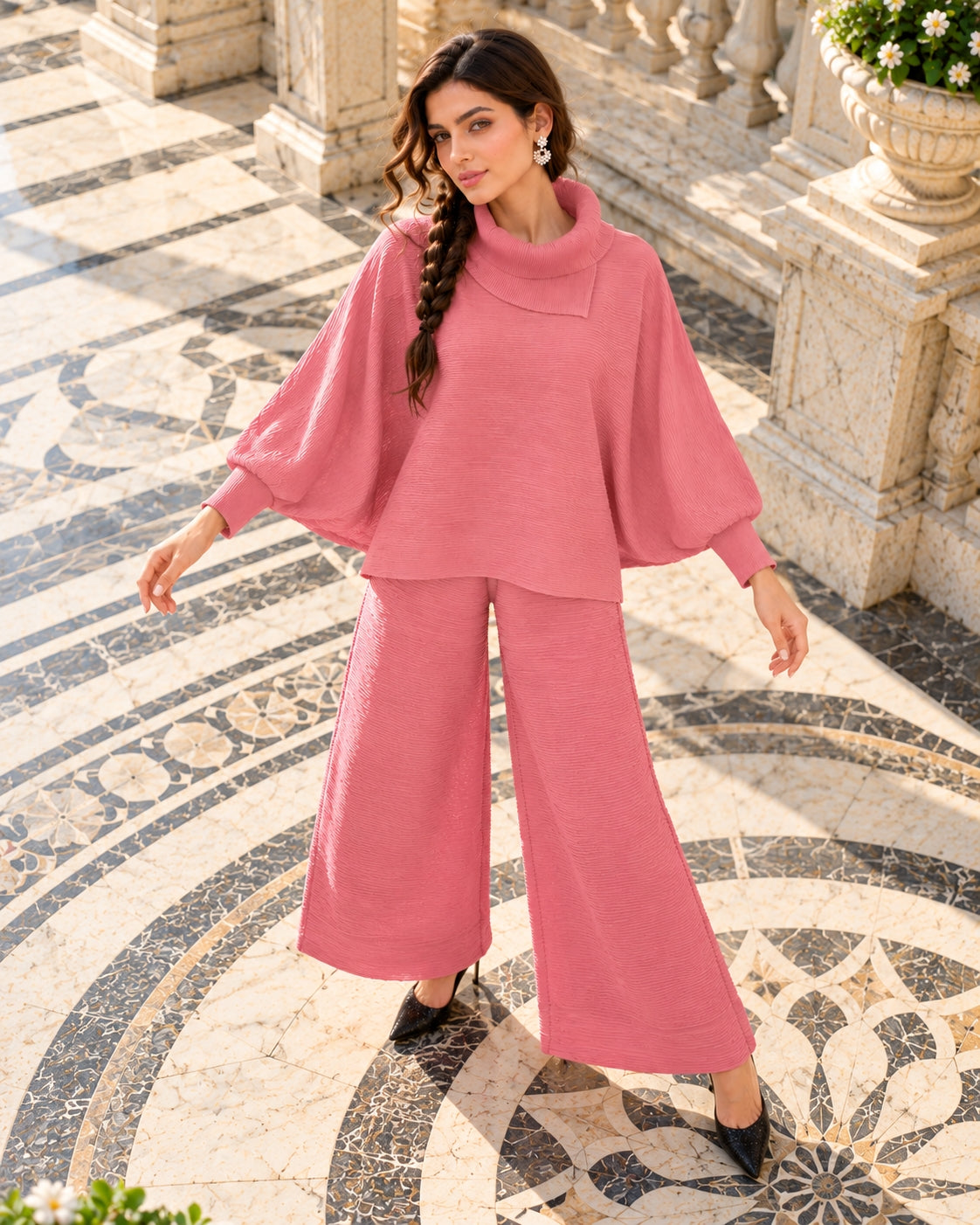 Pleated High Collar Lantern Sleeve Tops Wide Leg Pants Women Spring Causal Two Piece Sets Natalia Home Fashion    Natalia Home Fashion