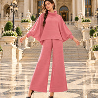 Pleated High Collar Lantern Sleeve Tops Wide Leg Pants Women Spring Causal Two Piece Sets Natalia Home Fashion    Natalia Home Fashion