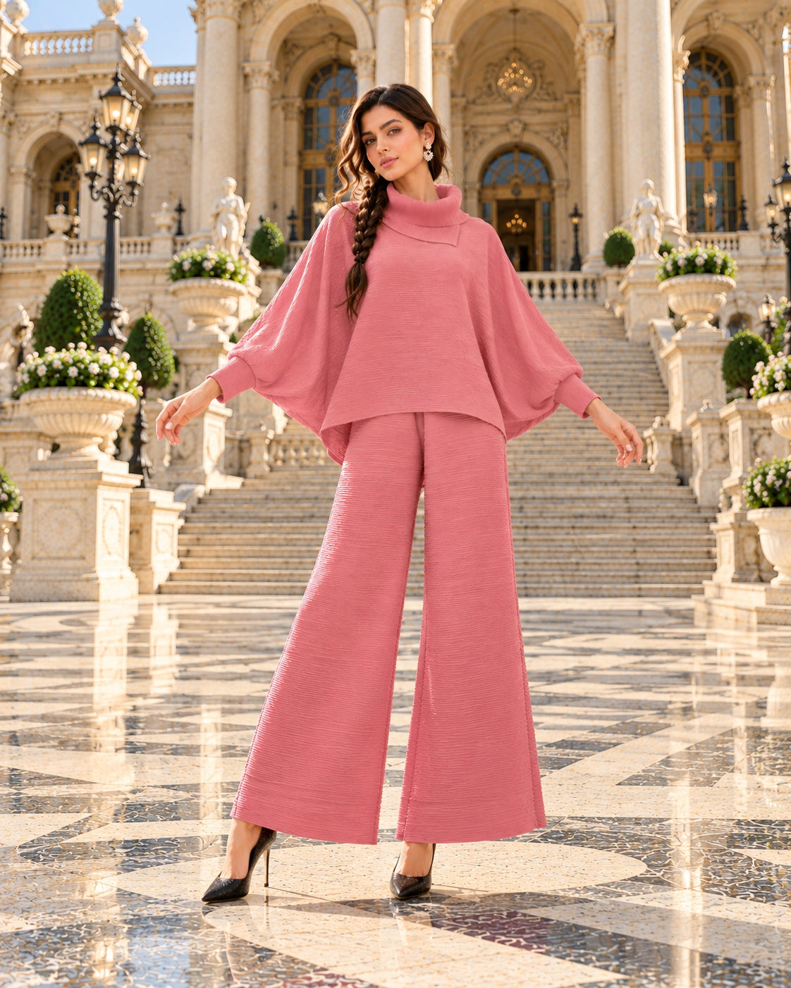 Pleated High Collar Lantern Sleeve Tops Wide Leg Pants Women Spring Causal Two Piece Sets Natalia Home Fashion    Natalia Home Fashion