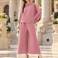 Pleated High Collar Lantern Sleeve Tops Wide Leg Pants Women Spring Causal Two Piece Sets Natalia Home Fashion    Natalia Home Fashion