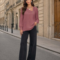 Simple Button V-neck Pullover Women's Solid Long Sleeve Casual T-shirts Elegant Lady Blouses