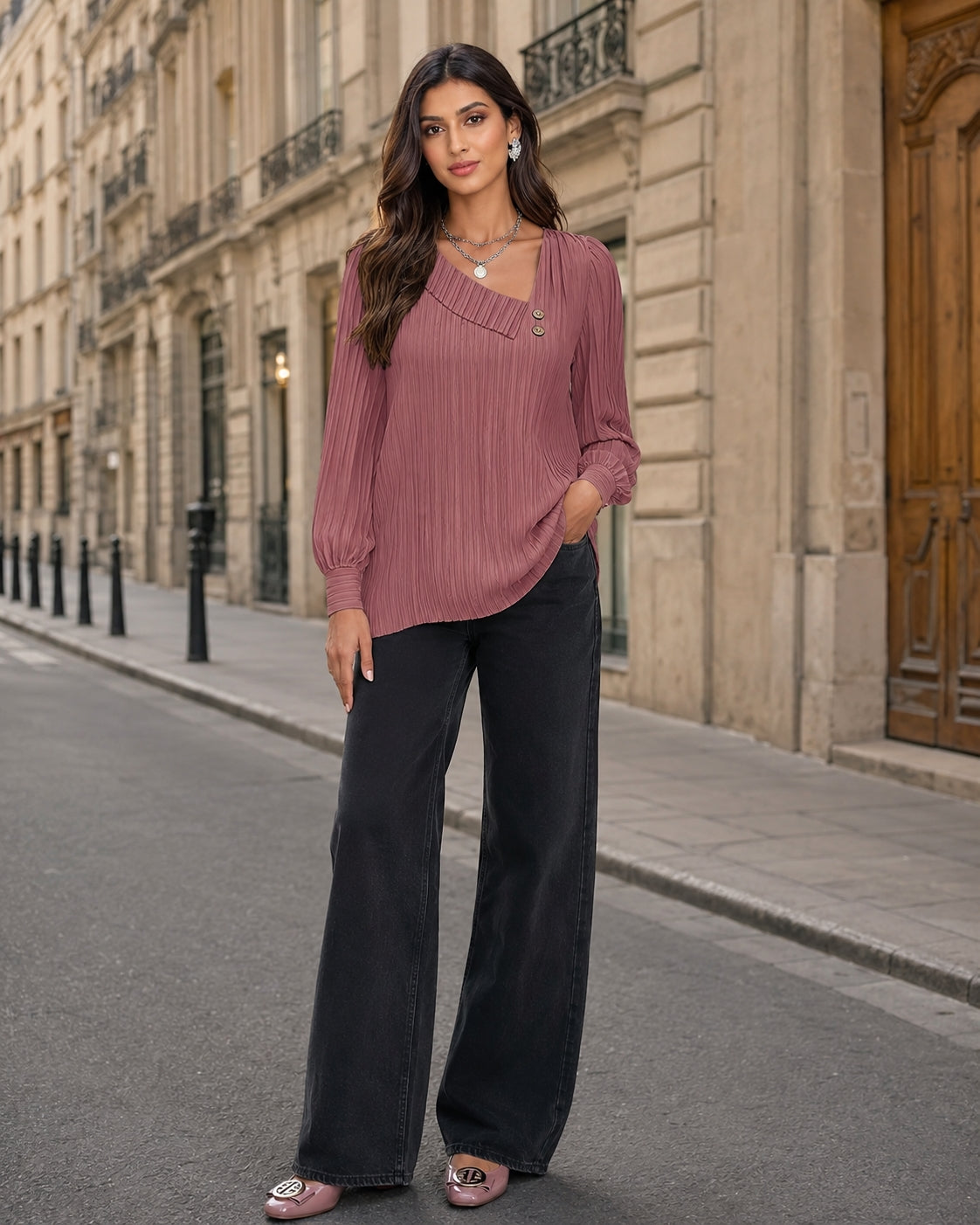 Simple Button V-neck Pullover Women's Solid Long Sleeve Casual T-shirts Elegant Lady Blouses