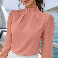Elegant Blouse White Women's Shirt  Half High Neck Spliced Wave Pattern Chiffon Long sleeved Top