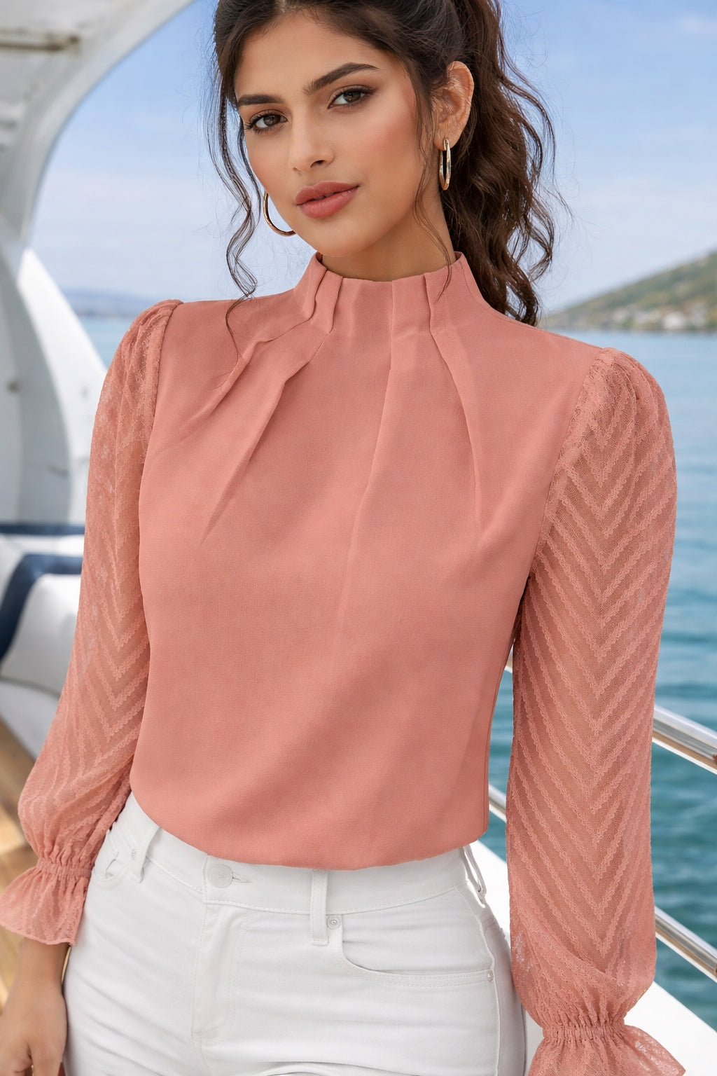 Elegant Blouse White Women's Shirt  Half High Neck Spliced Wave Pattern Chiffon Long sleeved Top
