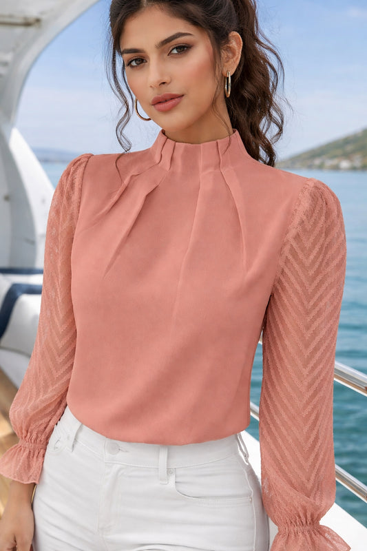 Elegant Blouse White Women's Shirt  Half High Neck Spliced Wave Pattern Chiffon Long sleeved Top