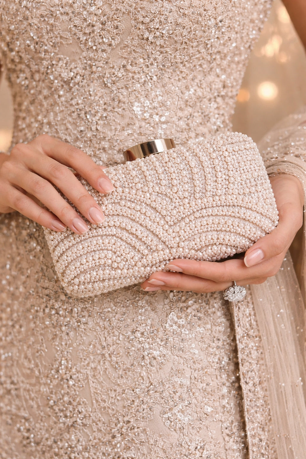 Ladies Pearl Elegant Evening Bag Fashionable Stylish Beading Wedding Dinner Party Banquet  Dress Clutch Bag with Long Chain