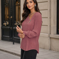 Simple Button V-neck Pullover Women's Solid Long Sleeve Casual T-shirts Elegant Lady Blouses