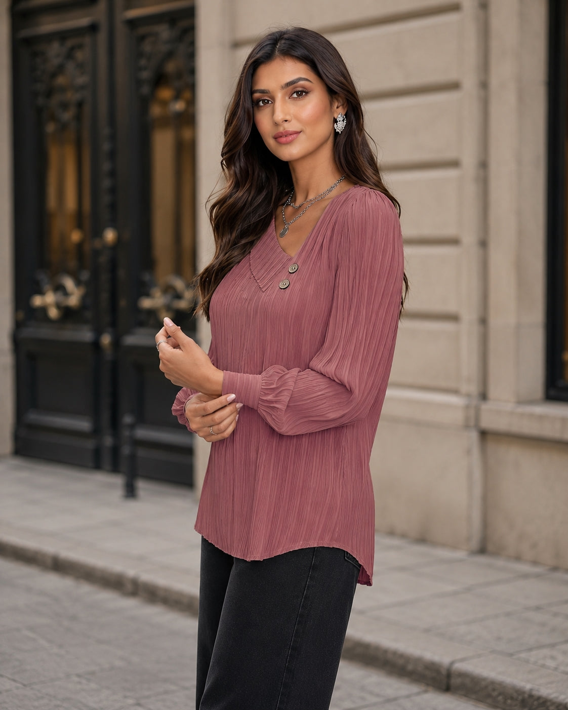 Simple Button V-neck Pullover Women's Solid Long Sleeve Casual T-shirts Elegant Lady Blouses