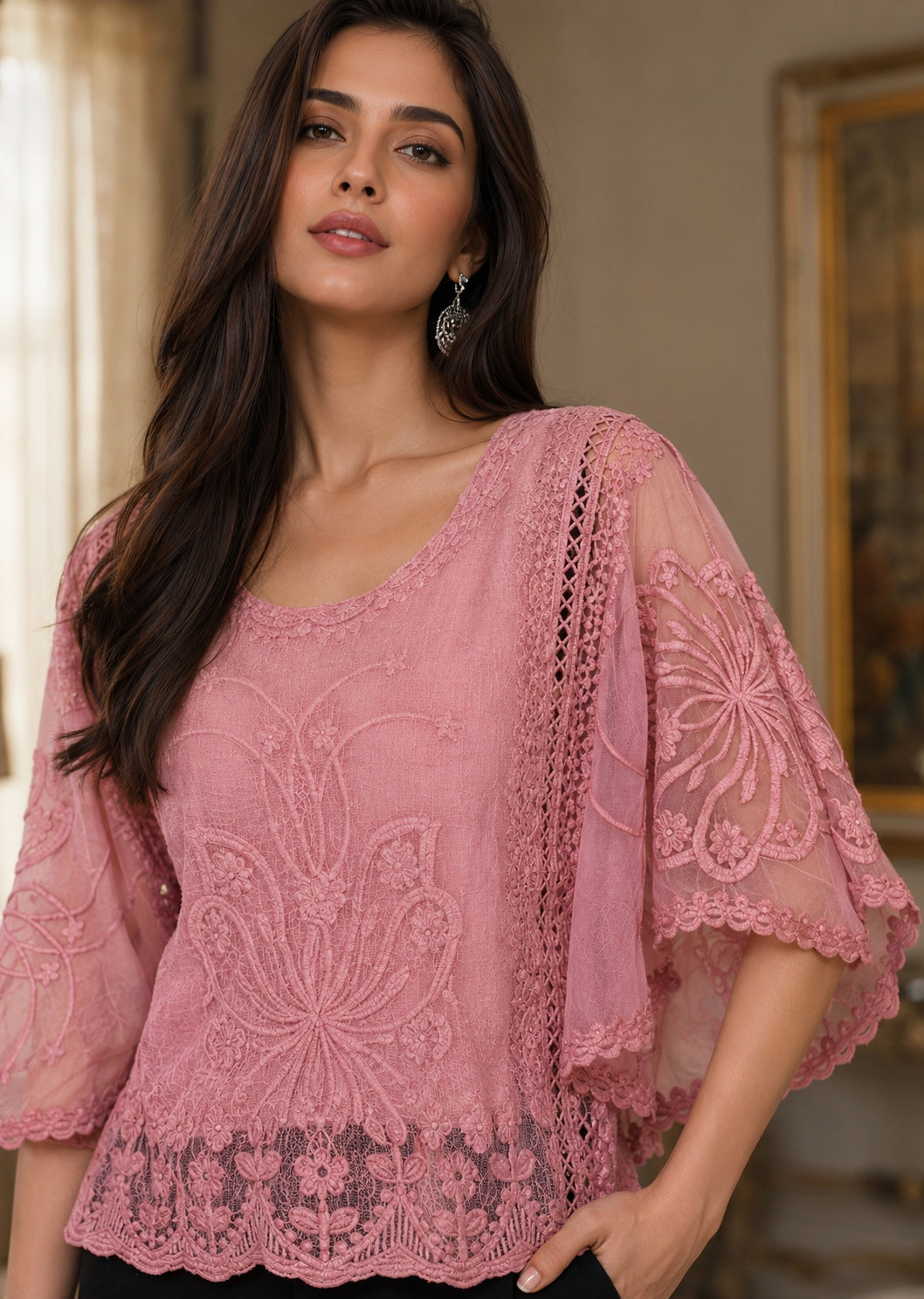 Loose Lace Blouse Women Butterfly Sleeve Chiffon Shirt Woman Fashion Casual Floral Shirt Tops