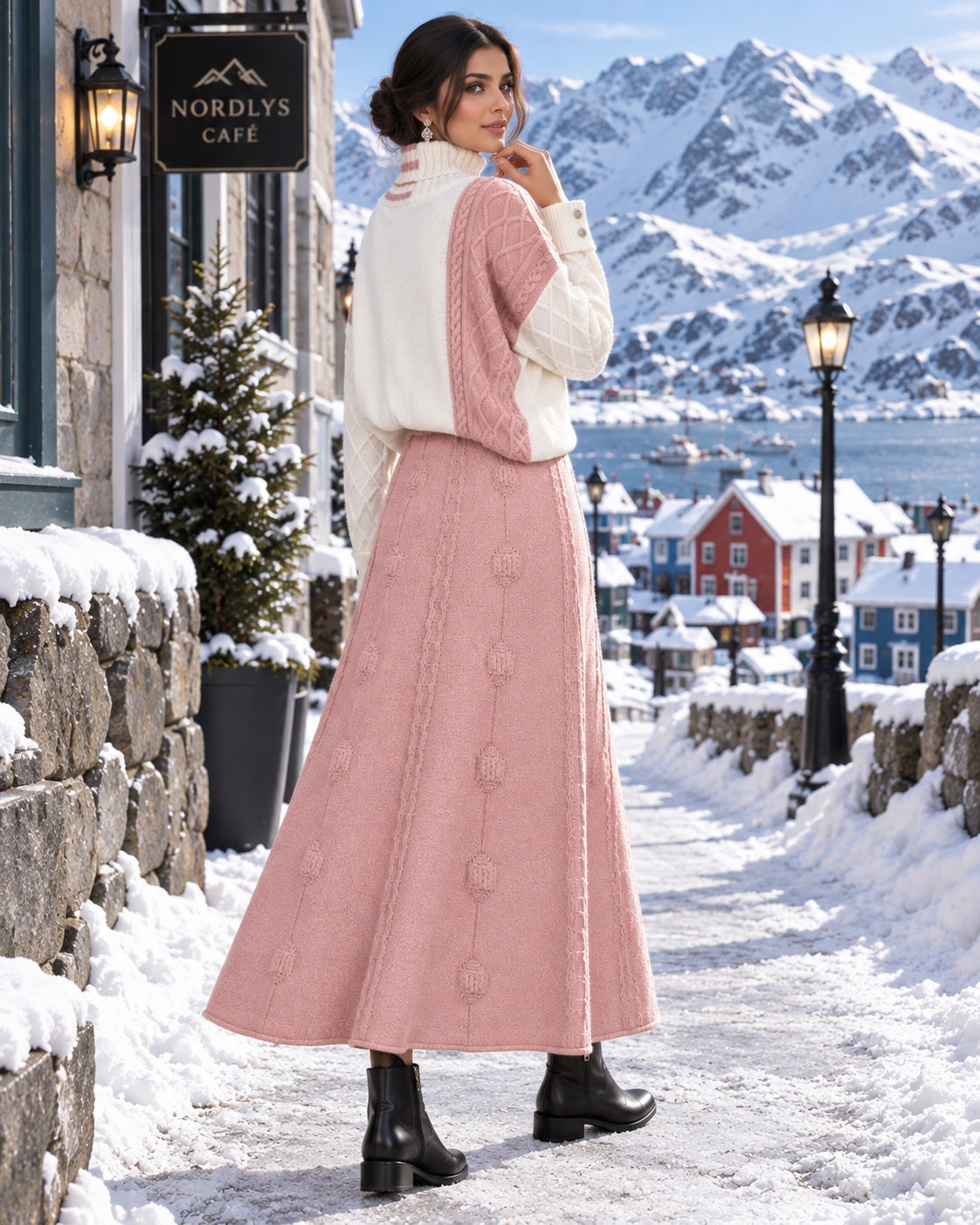 Women's Cable Knit Two Piece Set: High Neck Long Sleeve Sweater & A-Line Midi Skirt, Casual Elegant Pullover Outfit Natalia Home Fashion    Natalia Home Fashion