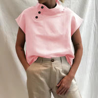 Women Cotton Linen Stand Collar Blouses Cap Sleeves Solid Color Loose Fit Casual Fashion Female Shirts Tops