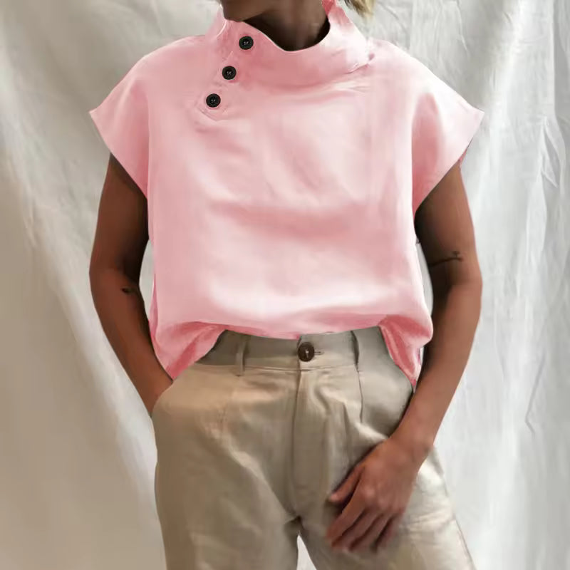 Women Cotton Linen Stand Collar Blouses Cap Sleeves Solid Color Loose Fit Casual Fashion Female Shirts Tops