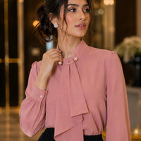 Summer Style Ring Buckle Design Lantern Sleeve Hooded Chiffon Long Sleeve Base Shirt Women's Top
