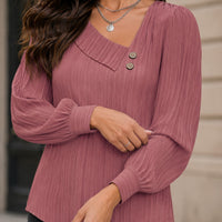 Simple Button V-neck Pullover Women's Solid Long Sleeve Casual T-shirts Elegant Lady Blouses