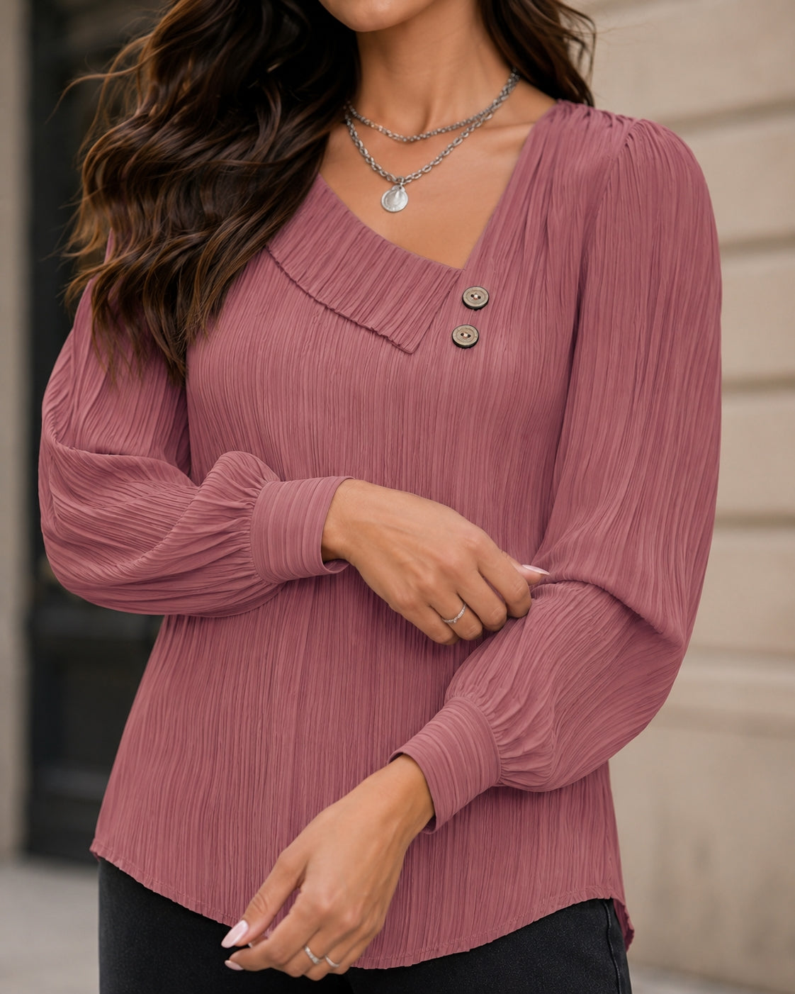 Simple Button V-neck Pullover Women's Solid Long Sleeve Casual T-shirts Elegant Lady Blouses