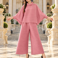 Pleated High Collar Lantern Sleeve Tops Wide Leg Pants Women Spring Causal Two Piece Sets Natalia Home Fashion    Natalia Home Fashion