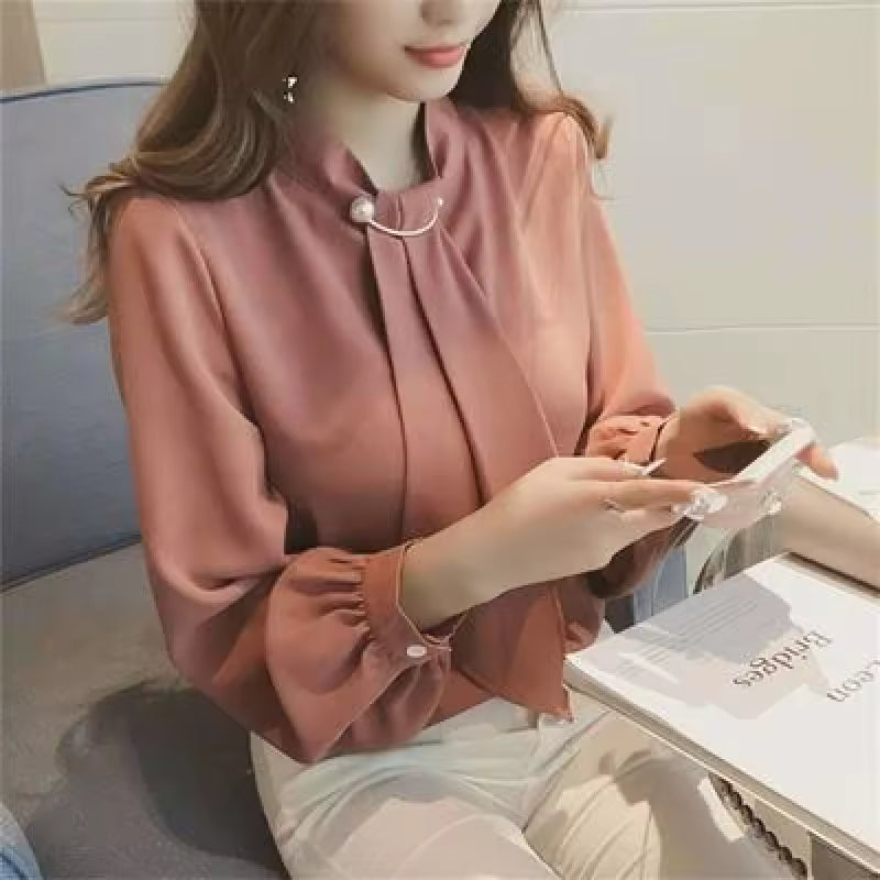 Summer Style Ring Buckle Design Lantern Sleeve Hooded Chiffon Long Sleeve Base Shirt Women's Top