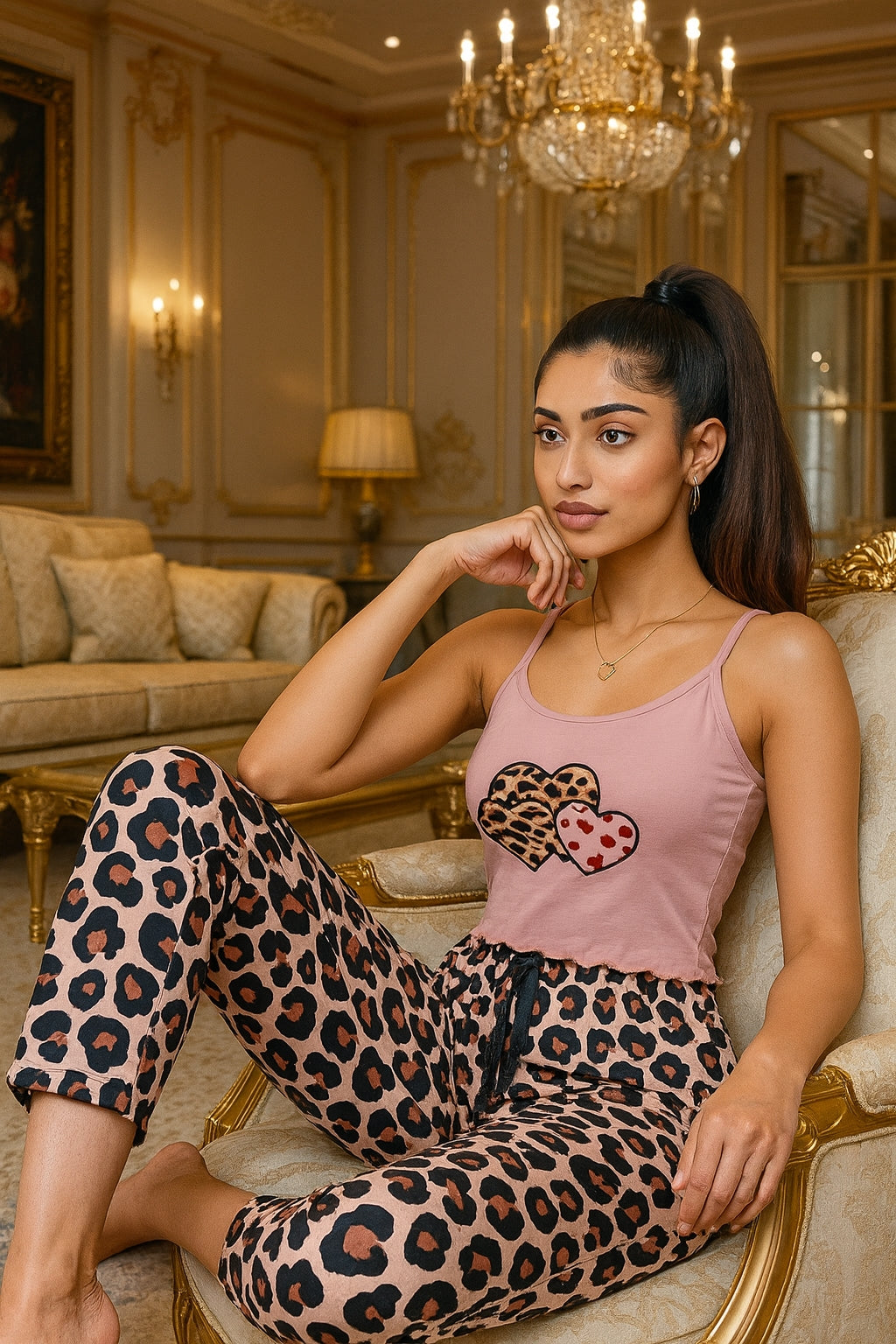 Print suspenders and trousers two-piece set comfortable home casual sexy women's pajamas