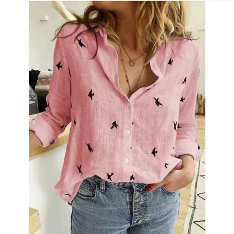 Elegant Cotton Linen Shirts Women Casual Solid Button Lapel Blouses Shirts Autumn Winter Long Sleeve Loose Tops Tunic Blouse Natalia Home Fashion    Natalia Home Fashion